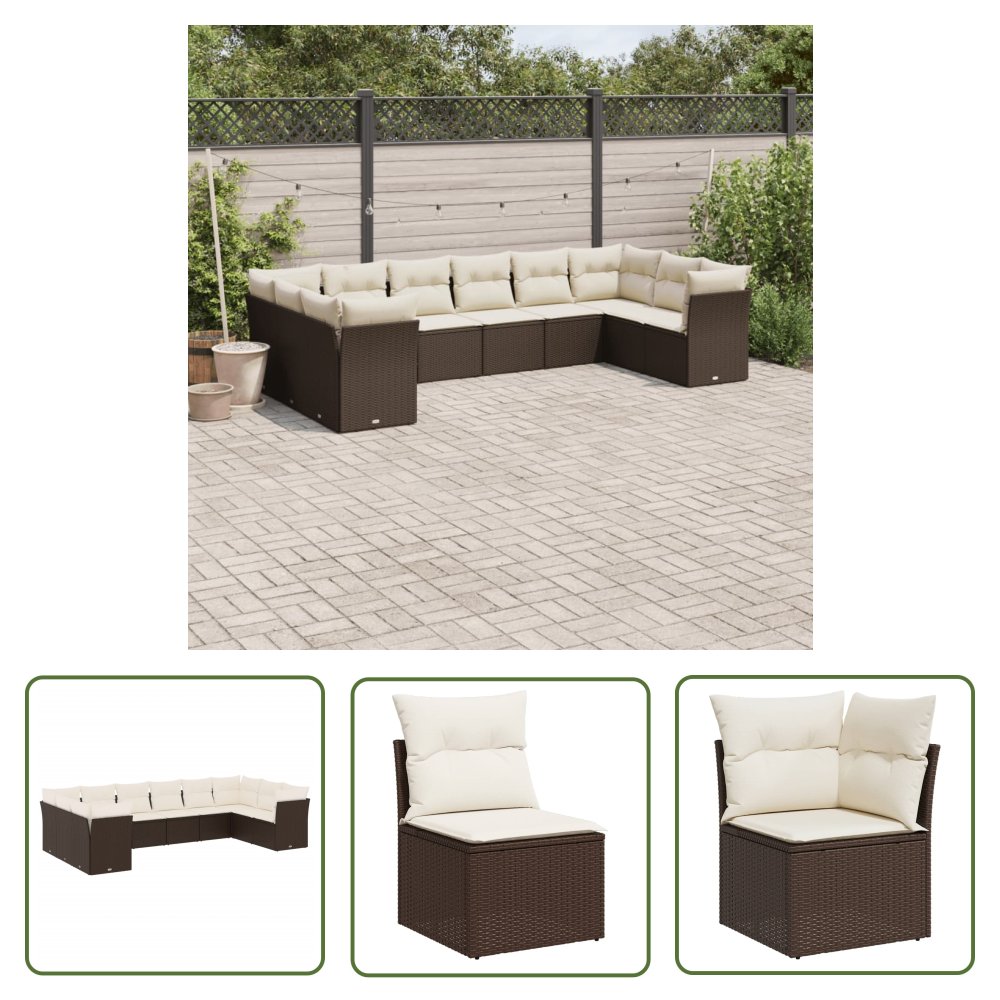 The Living Store 10-cz. zestaw mebli ogrodowych z poduszkami - brązowy polirattan - Sofa Ogrodowa