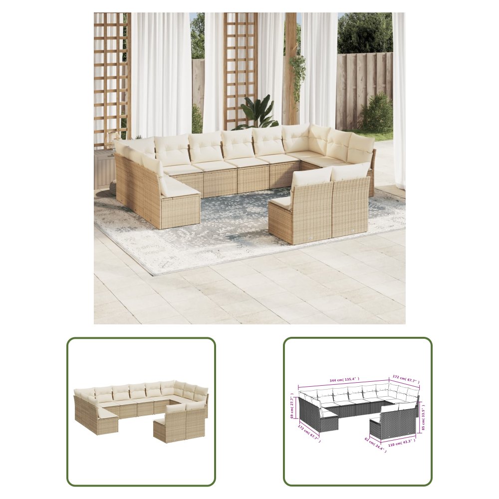 The Living Store 12-cz. zestaw mebli ogrodowych z poduszkami - beżowy - polirattan - Sofa Ogrodowa