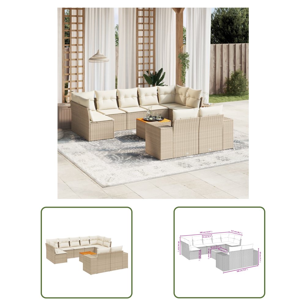 The Living Store 10-cz. zestaw mebli ogrodowych z poduszkami - beżowy - polirattan - Sofa Ogrodowa