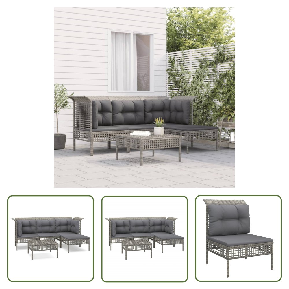 The Living Store 5-cz. zestaw wypoczynkowy do ogrodu - poduszki - szary - rattan PE - Meble Ogrodowe