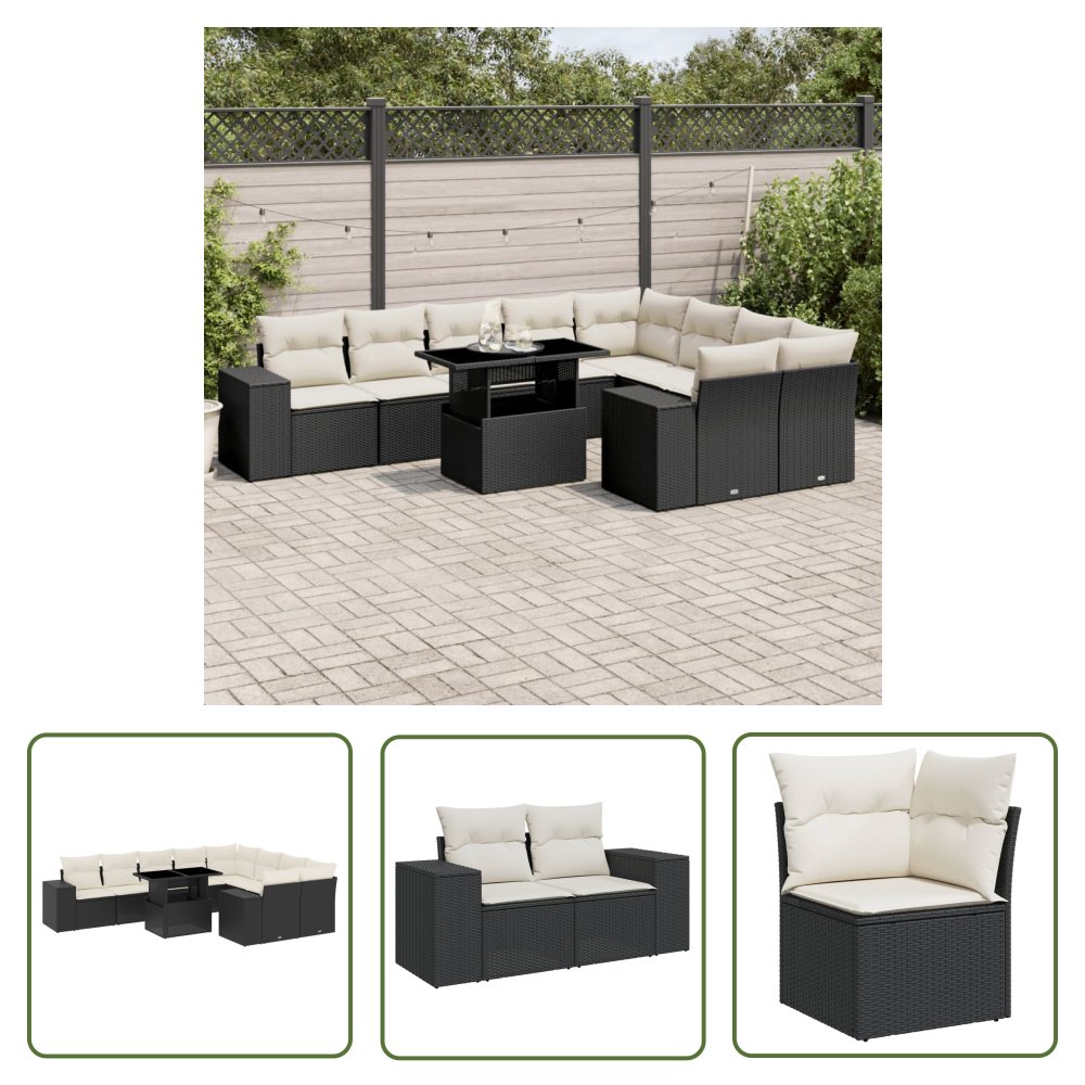 The Living Store 10-cz. zestaw wypoczynkowy do ogrodu - z poduszkami - czarny - Sofa Ogrodowa