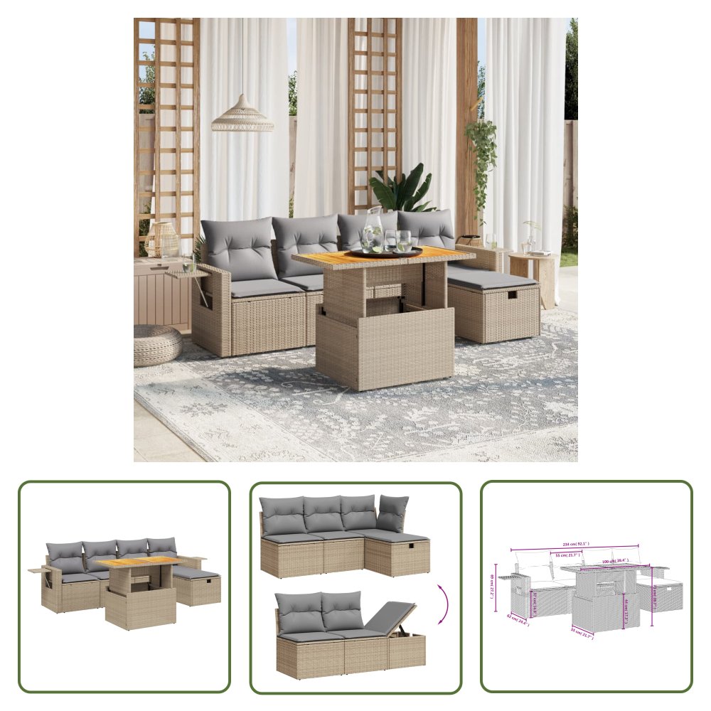 The Living Store 6-cz. zestaw mebli ogrodowych z poduszkami - beżowy - polirattan - Sofa Ogrodowa