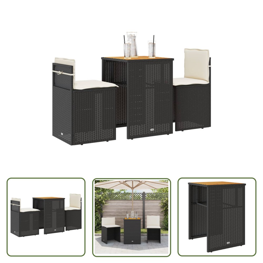 The Living Store 3-cz. zestaw mebli bistro z poduszkami - czarny - polirattan - Meble Bistro