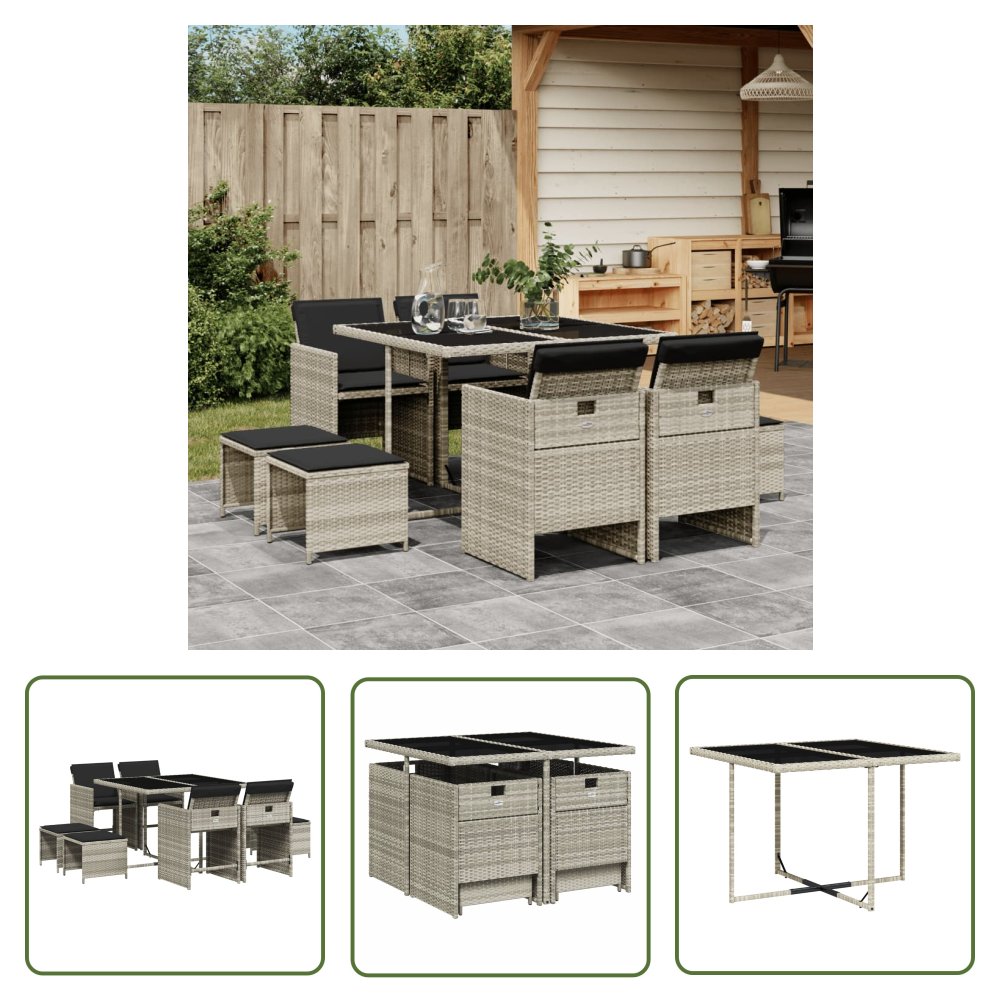 The Living Store 9-cz. zestaw mebli ogrodowych z poduszkami - jasnoszary - Meble Ogrodowe