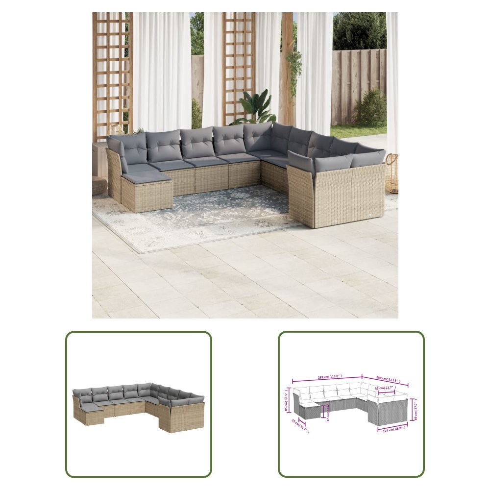 The Living Store 11-cz. zestaw mebli ogrodowych z poduszkami - beżowy - polirattan - Sofa Ogrodowa