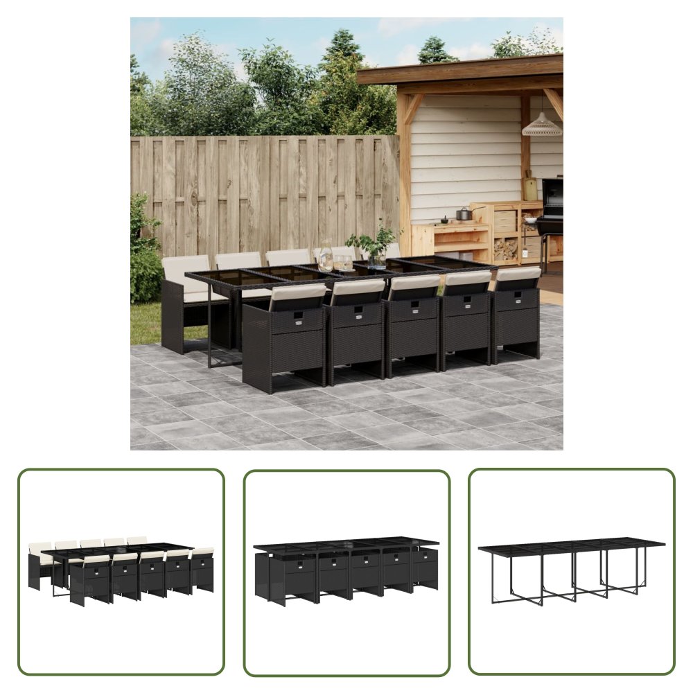 The Living Store 11-cz. zestaw mebli do ogrodu - z poduszkami - czarny rattan PE - Meble Ogrodowe
