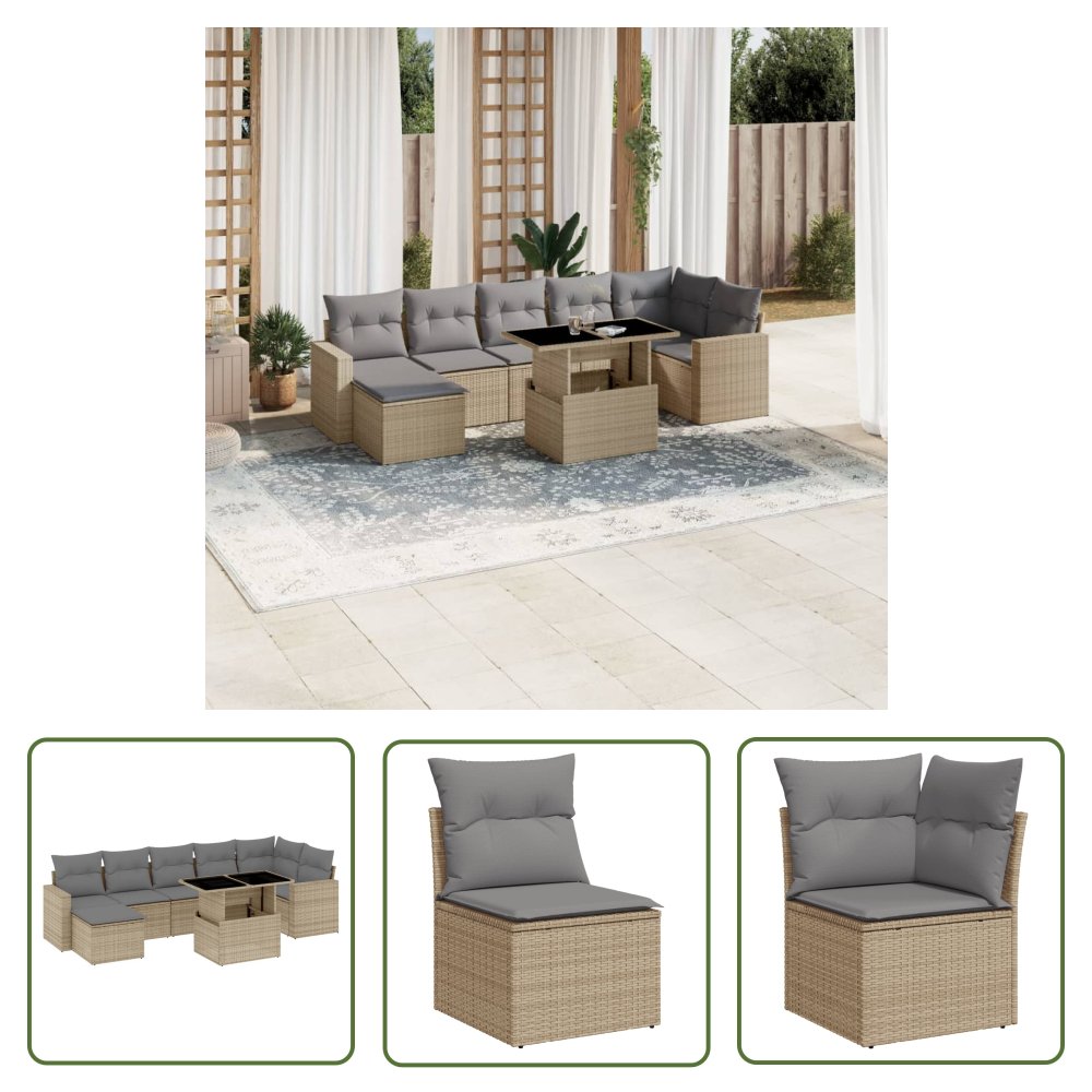 The Living Store 8-cz. zestaw mebli ogrodowych z poduszkami - beżowy - polirattan - Sofa Ogrodowa