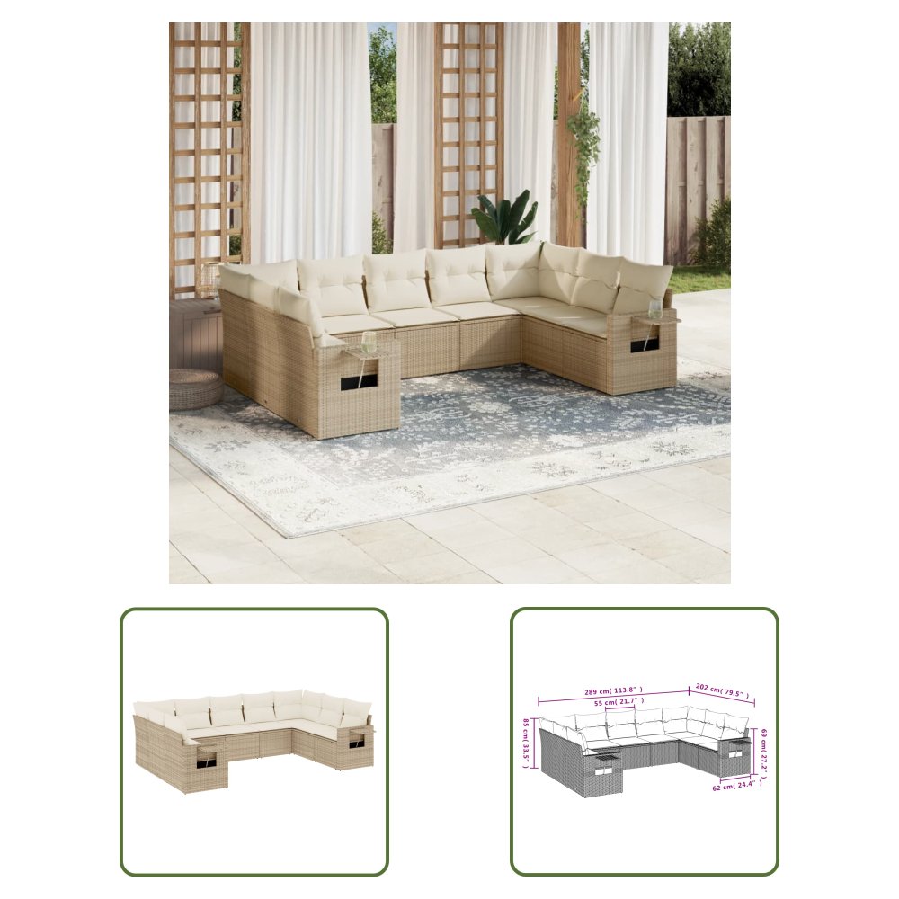The Living Store 9-cz. zestaw mebli ogrodowych z poduszkami - beżowy - polirattan - Sofa Ogrodowa