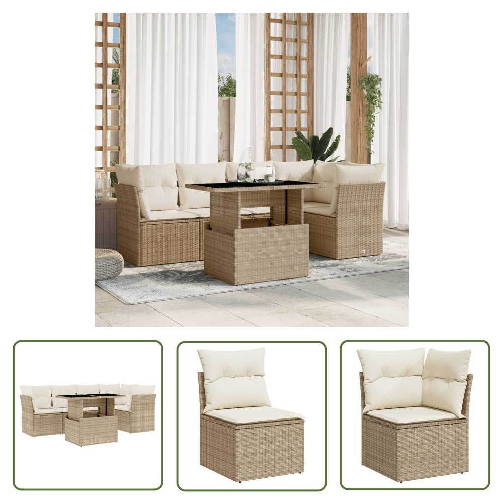 The Living Store 6-cz. zestaw mebli ogrodowych z poduszkami - beżowy - polirattan - Sofa Ogrodowa