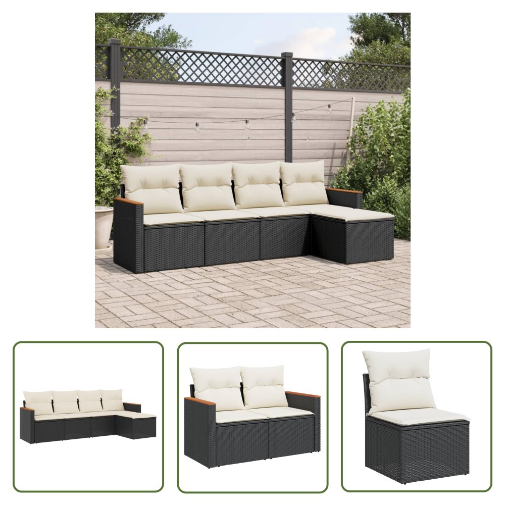 The Living Store 5-cz. zestaw wypoczynkowy do ogrodu - poduszki - czarny rattan PE - Sofa Ogrodowa