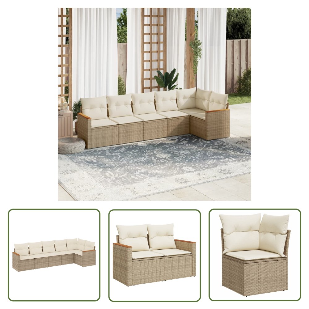 The Living Store 6-cz. zestaw mebli ogrodowych z poduszkami - beżowy - polirattan - Sofa Ogrodowa