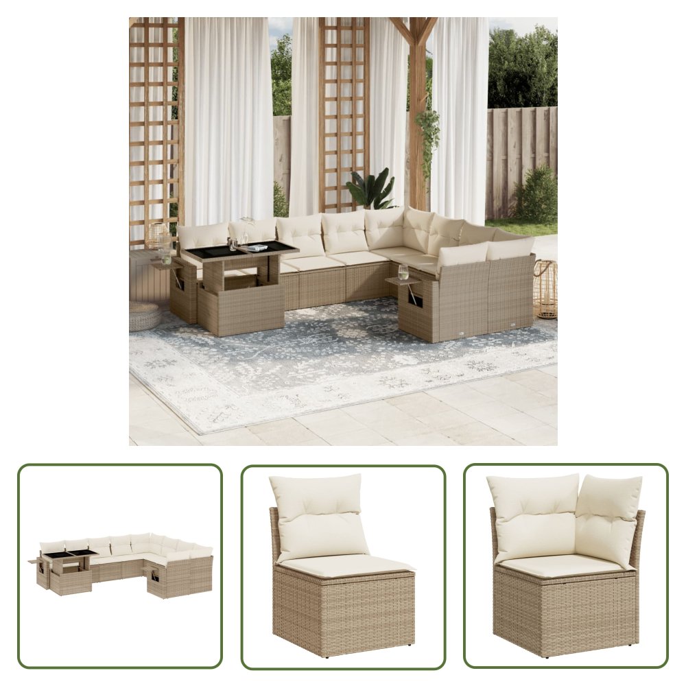 The Living Store 10-cz. zestaw mebli ogrodowych z poduszkami - beżowy - polirattan - Sofa Ogrodowa