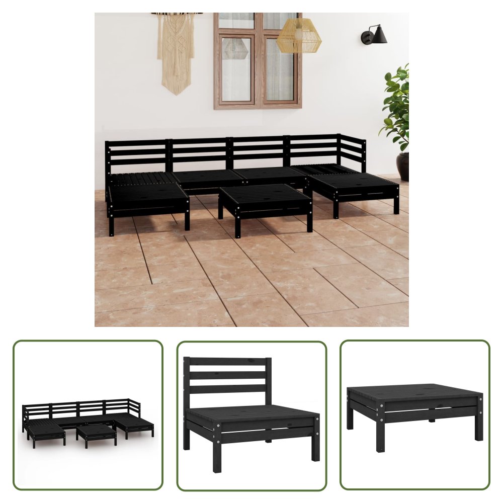 The Living Store 7-cz. zestaw wypoczynkowy do ogrodu - czarny - drewno sosnowe - Zestaw Mebli Ogrodowych