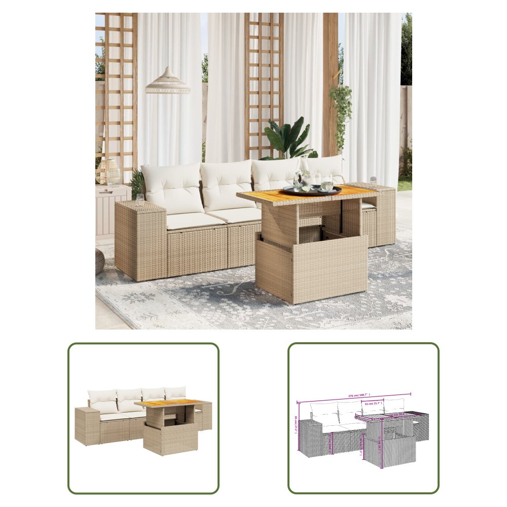 The Living Store 5-cz. zestaw mebli ogrodowych z poduszkami - beżowy - polirattan - Sofa Ogrodowa