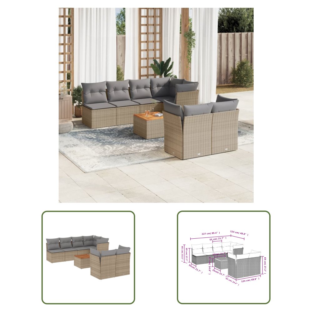 The Living Store 8-cz. zestaw mebli ogrodowych z poduszkami - beżowy - polirattan - Sofa Ogrodowa