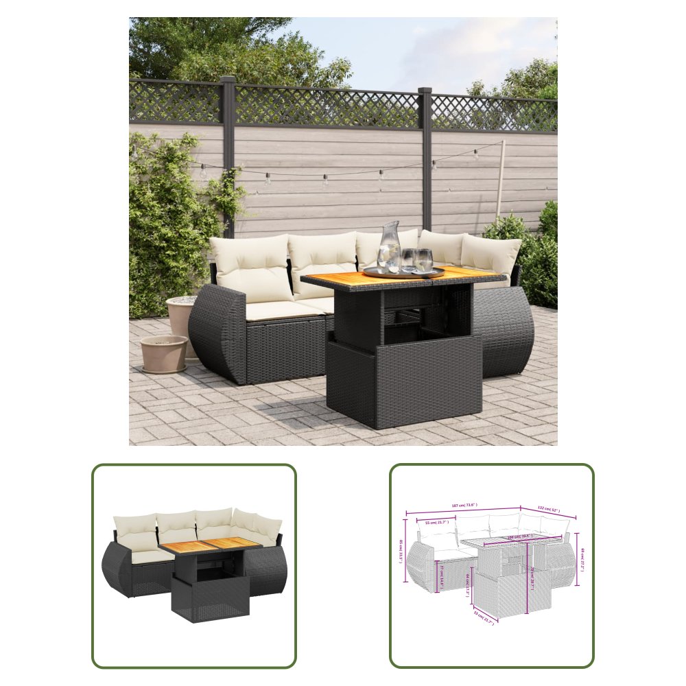 The Living Store 5-cz. zestaw wypoczynkowy do ogrodu - poduszki - czarny rattan PE - Sofa Ogrodowa