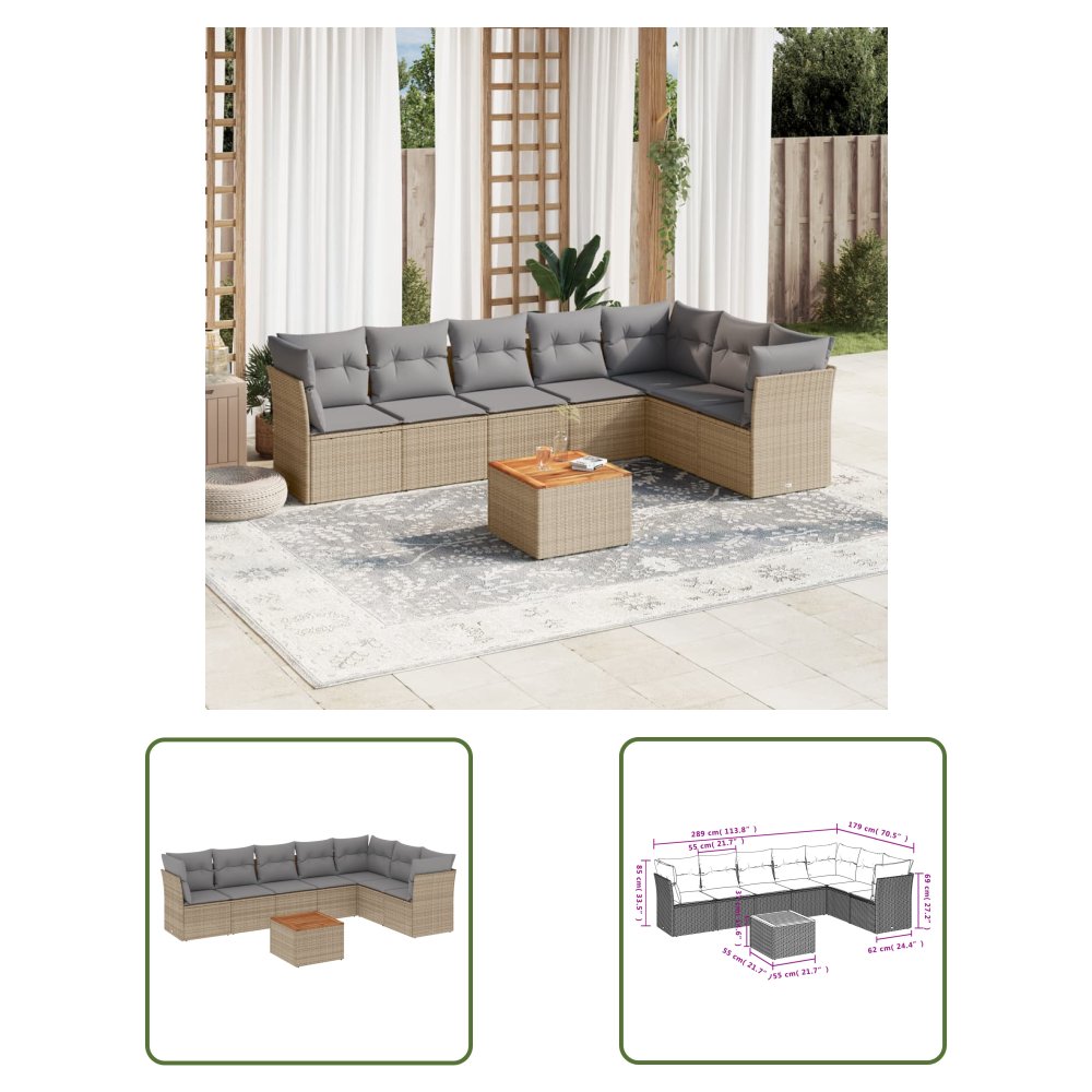 The Living Store 8-cz. zestaw mebli ogrodowych z poduszkami - beżowy - polirattan - Sofa Ogrodowa
