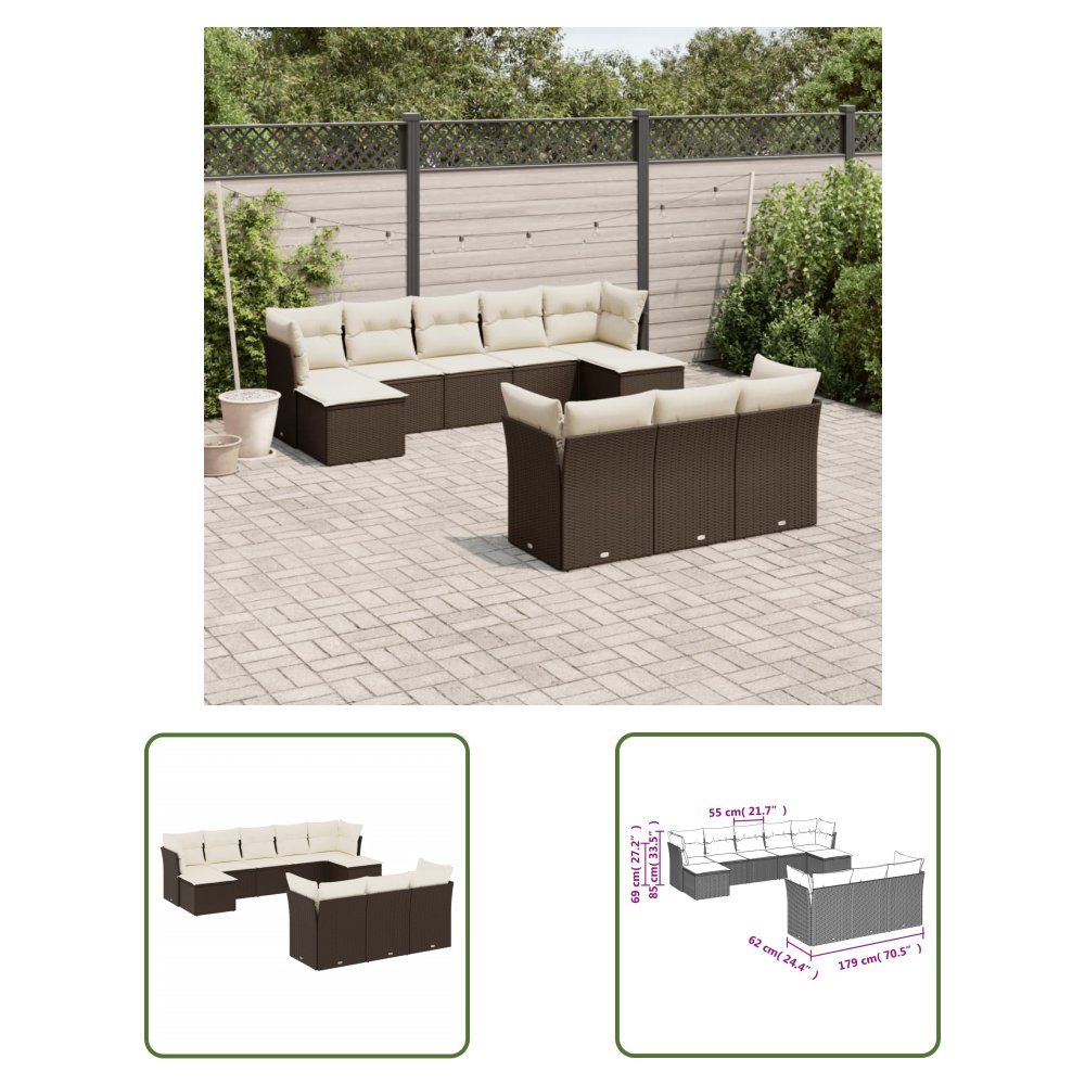 The Living Store 10-cz. zestaw mebli ogrodowych z poduszkami - brązowy polirattan - Sofa Ogrodowa