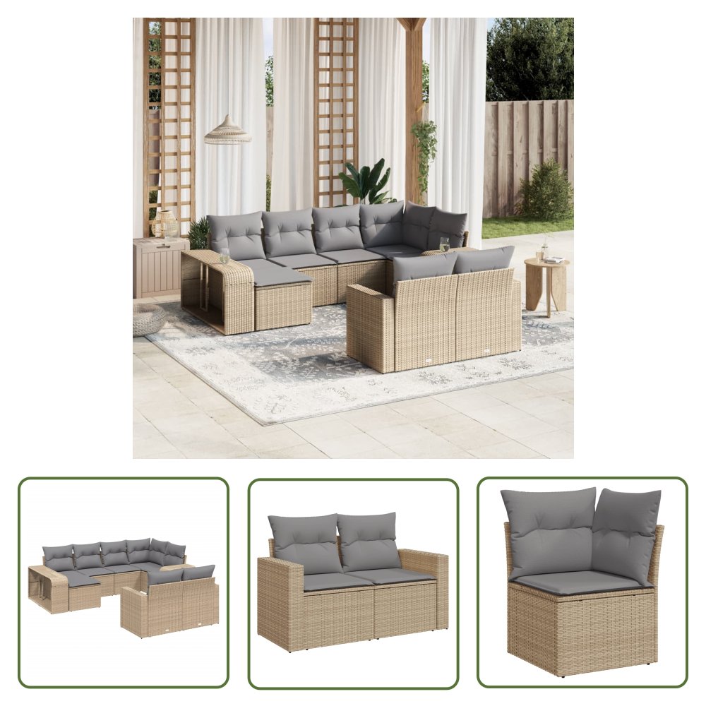 The Living Store 10-cz. zestaw mebli ogrodowych z poduszkami - beżowy - polirattan - Sofa Ogrodowa