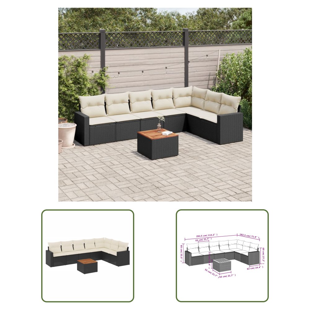 The Living Store 8-cz. zestaw wypoczynkowy do ogrodu - z poduszkami - czarny - Sofa Ogrodowa