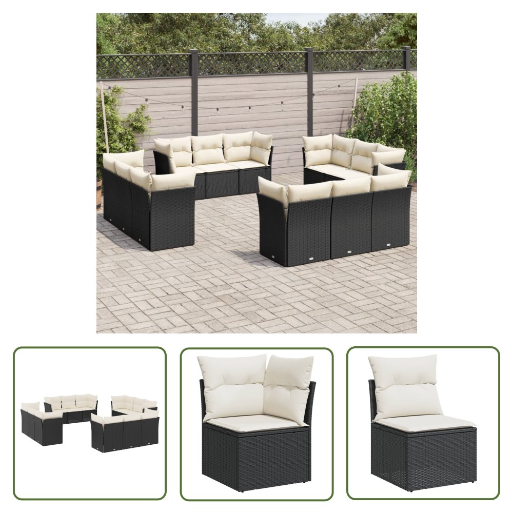 The Living Store 12-cz. zestaw mebli do ogrodu - z poduszkami - czarny - polirattan - Sofa Ogrodowa