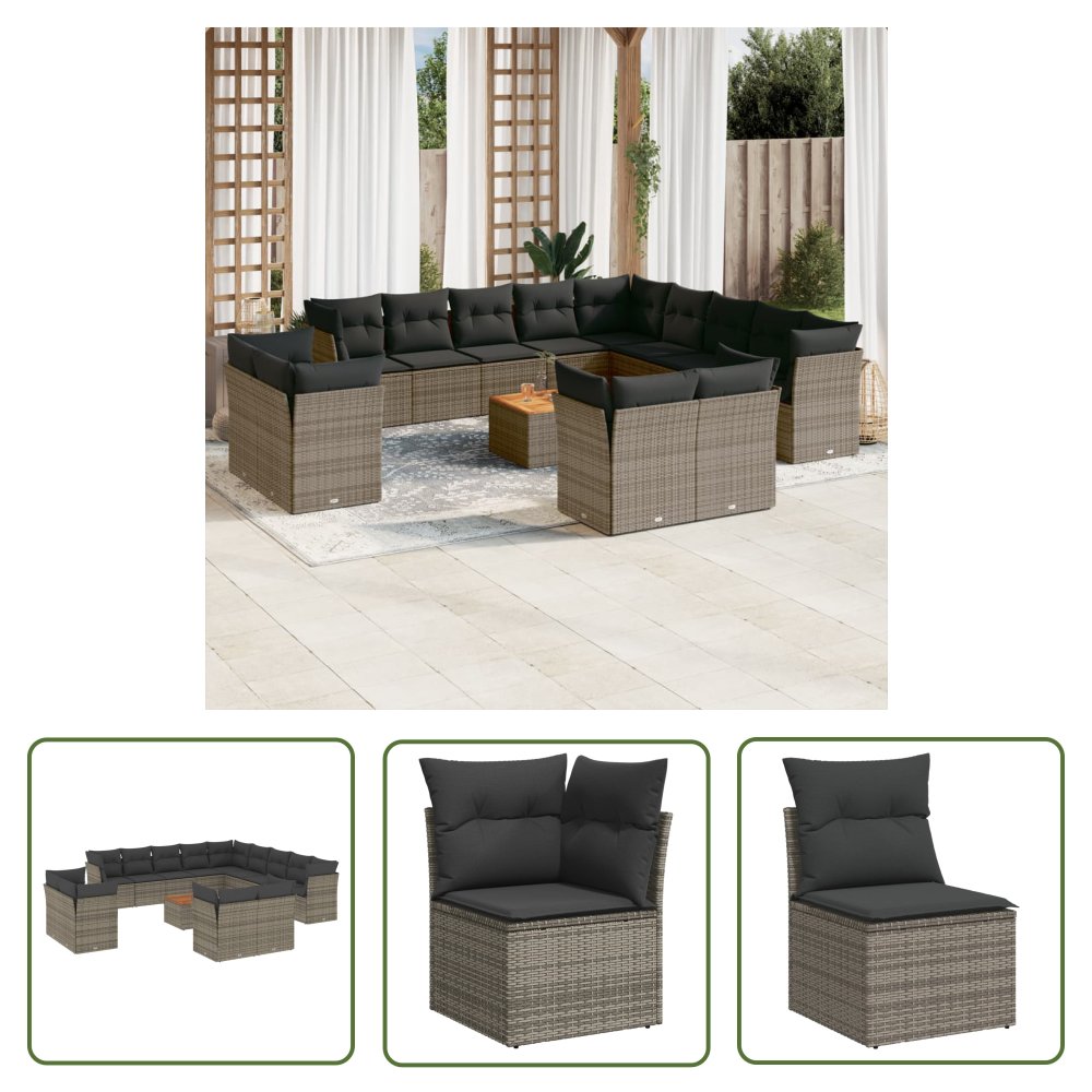 The Living Store 14-cz. zestaw mebli ogrodowych z poduszkami - szary - polirattan - Sofa Ogrodowa