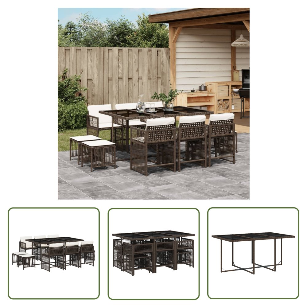 The Living Store 11-cz. zestaw mebli ogrodowych - poduszki - brązowy - rattan PE - Meble Ogrodowe