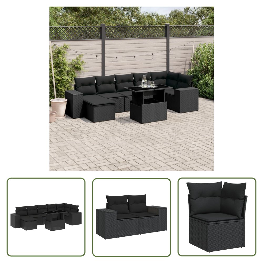 The Living Store 8-cz. zestaw wypoczynkowy do ogrodu - z poduszkami - czarny - Sofa Ogrodowa