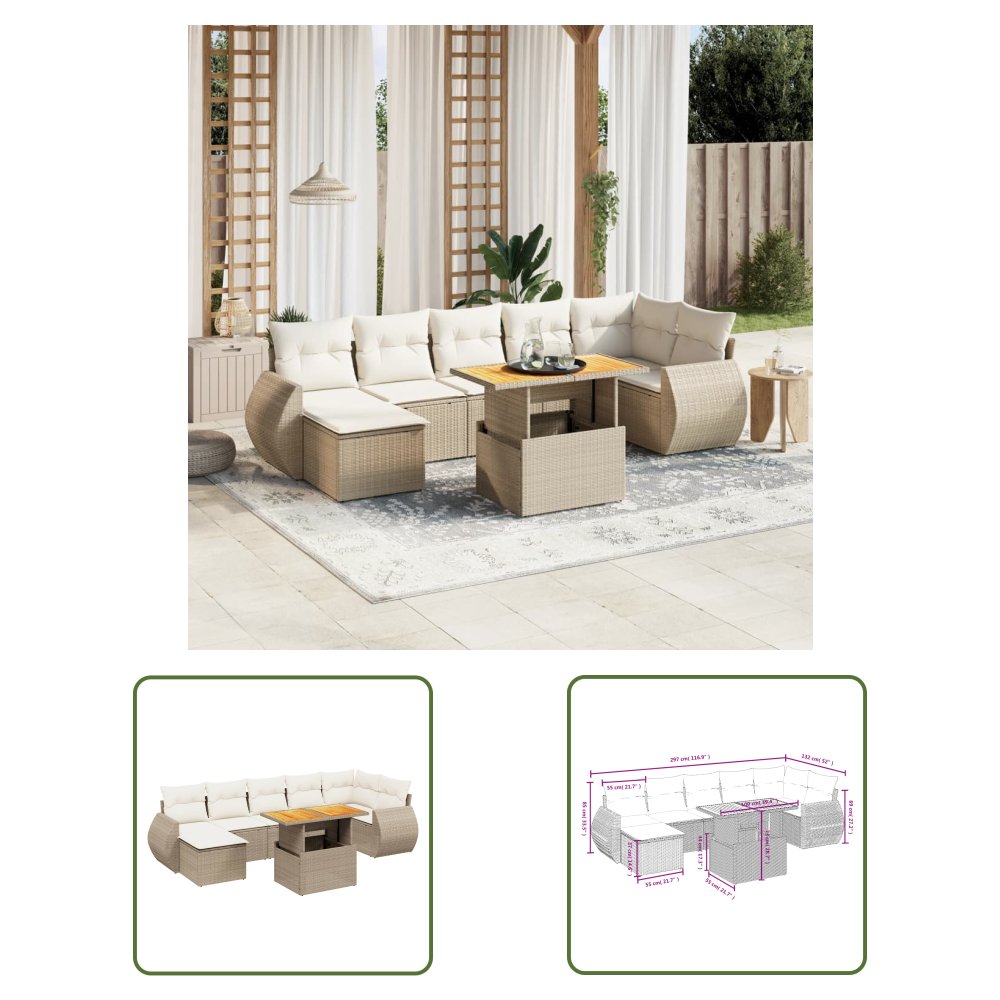 The Living Store 8-cz. zestaw mebli ogrodowych z poduszkami - beżowy - polirattan - Sofa Ogrodowa