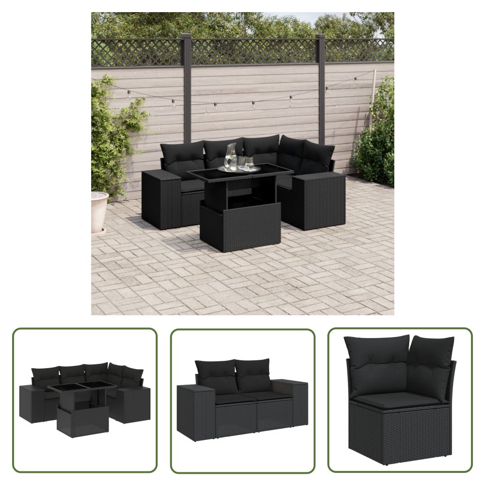 The Living Store 5-cz. zestaw wypoczynkowy do ogrodu - poduszki - czarny rattan PE - Sofa Ogrodowa