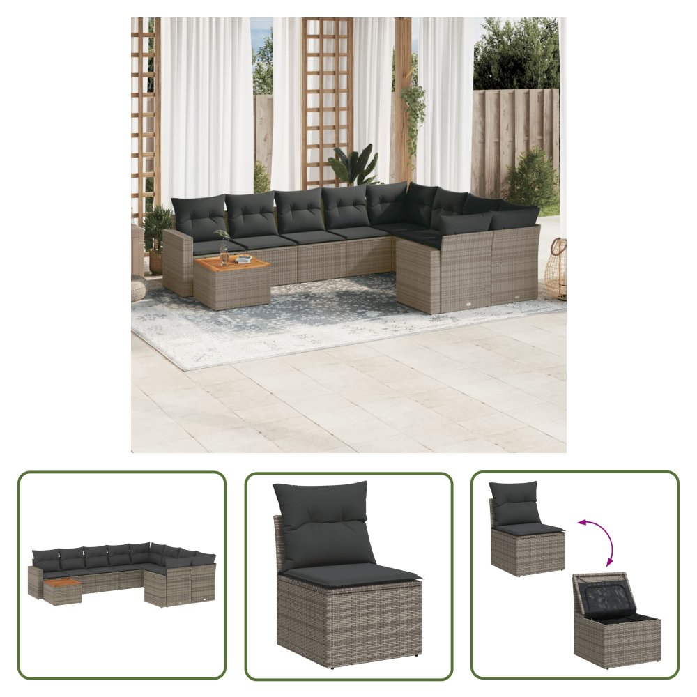 The Living Store 10-cz. zestaw wypoczynkowy do ogrodu - z poduszkami - szary - Sofa Ogrodowa
