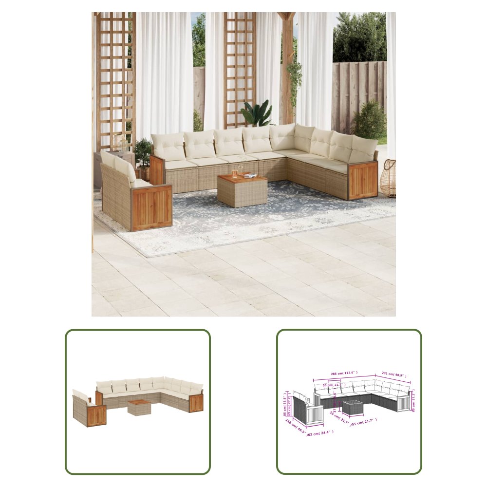 The Living Store 11-cz. zestaw mebli ogrodowych z poduszkami - beżowy - polirattan - Sofa Ogrodowa