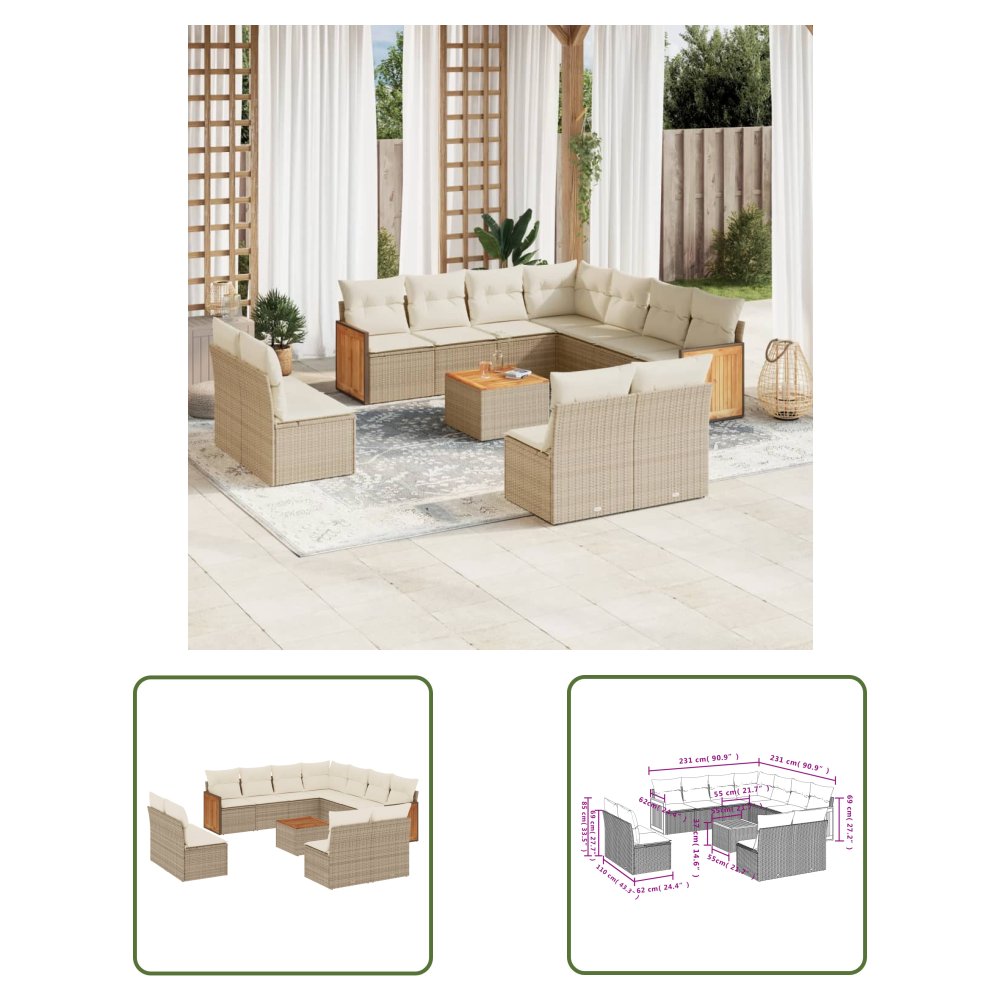 The Living Store 12-cz. zestaw mebli ogrodowych z poduszkami - beżowy - polirattan - Sofa Ogrodowa