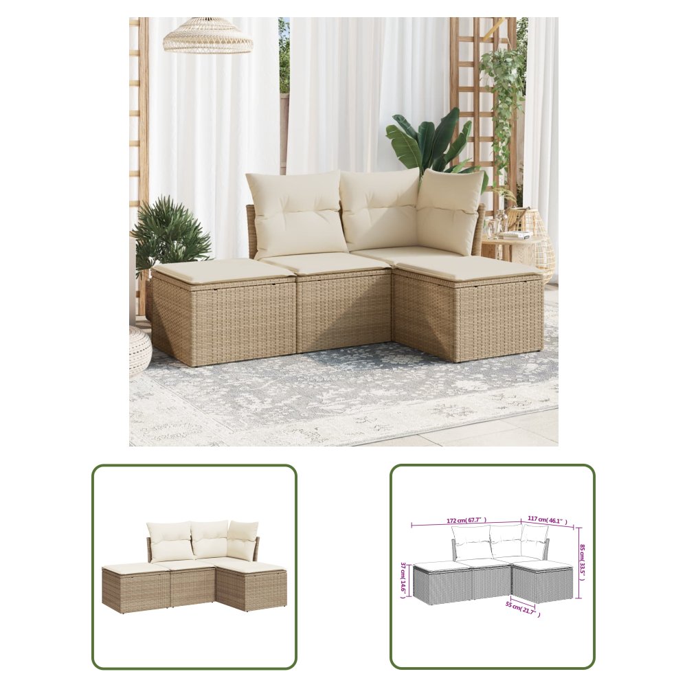 The Living Store 4-cz. zestaw mebli ogrodowych z poduszkami - beżowy - polirattan - Sofa Ogrodowa