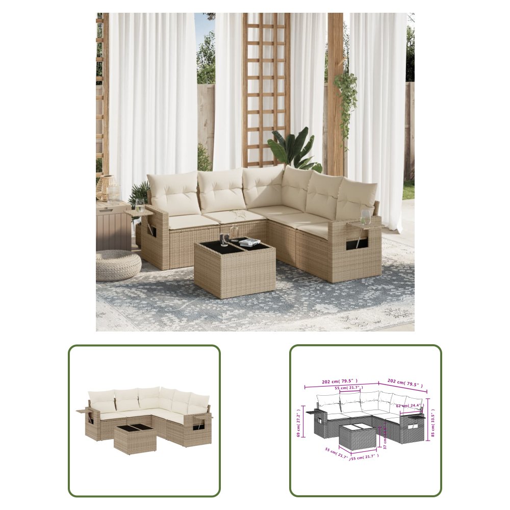 The Living Store 6-cz. zestaw mebli ogrodowych z poduszkami - beżowy - polirattan - Sofa Ogrodowa