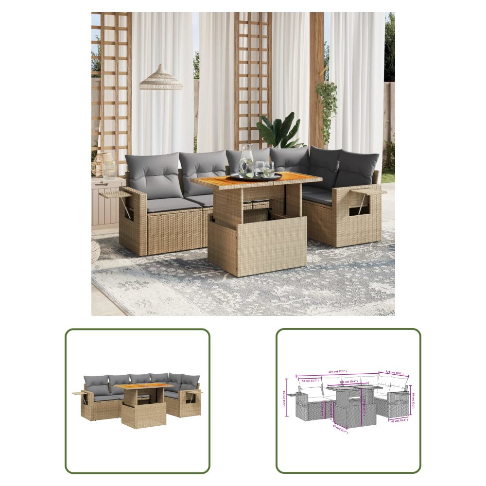 The Living Store 6-cz. zestaw mebli ogrodowych z poduszkami - beżowy - polirattan - Sofa Ogrodowa