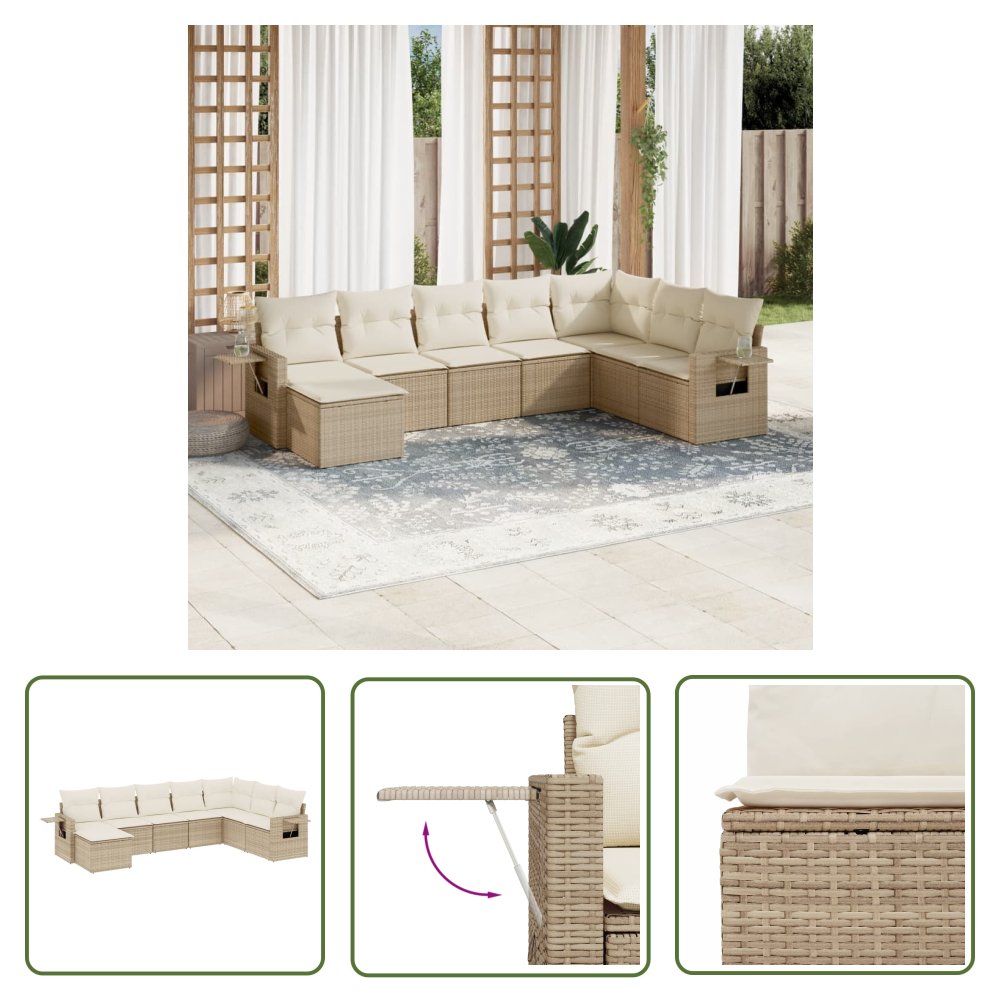 The Living Store 8-cz. zestaw mebli ogrodowych z poduszkami - beżowy - polirattan - Sofa Ogrodowa