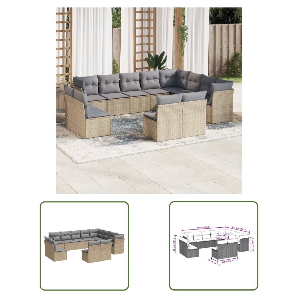 The Living Store 12-cz. zestaw mebli ogrodowych z poduszkami - beżowy - polirattan - Sofa Ogrodowa