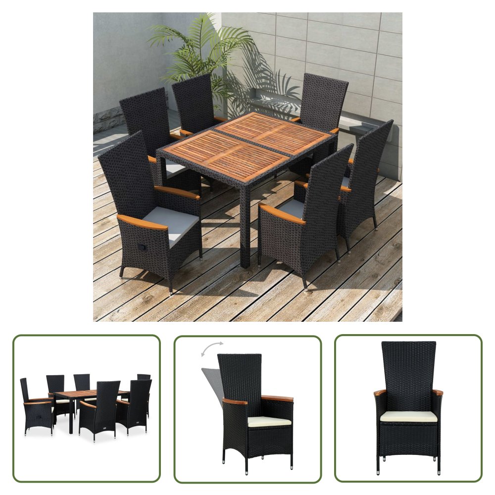 The Living Store 7-cz. zestaw mebli ogrodowych - akacja i rattan PE - czarny - Ogrodowy Stół I Krzesła