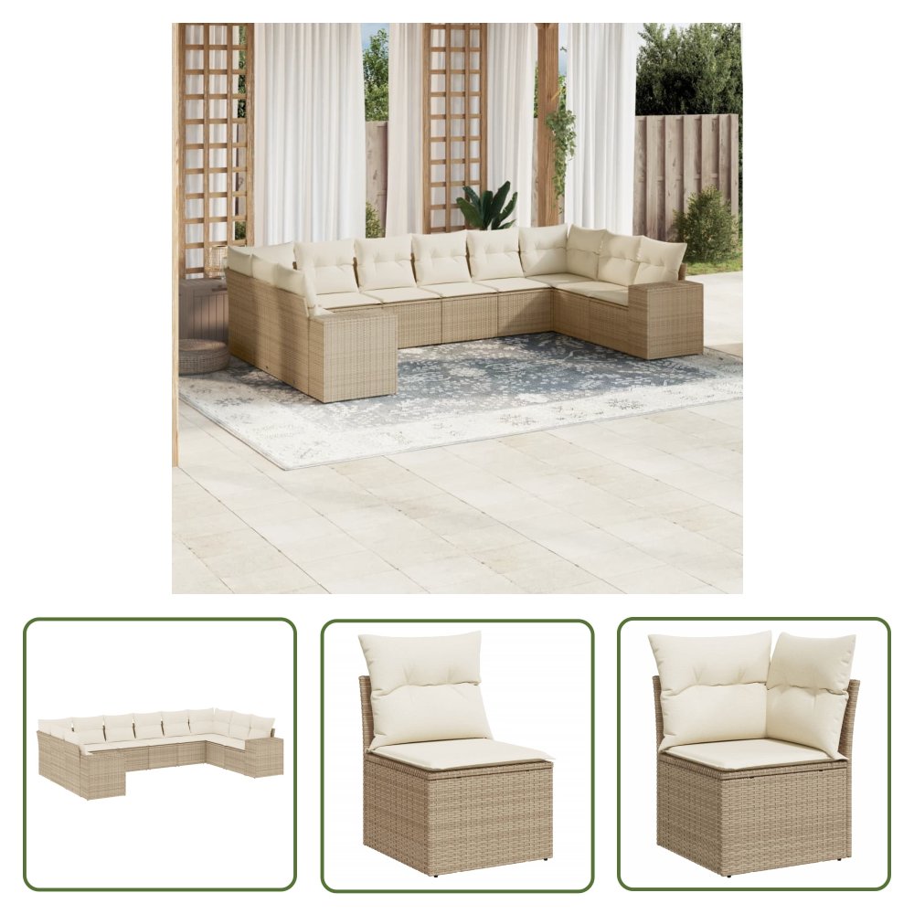 The Living Store 10-cz. zestaw mebli ogrodowych z poduszkami - beżowy - polirattan - Sofa Ogrodowa