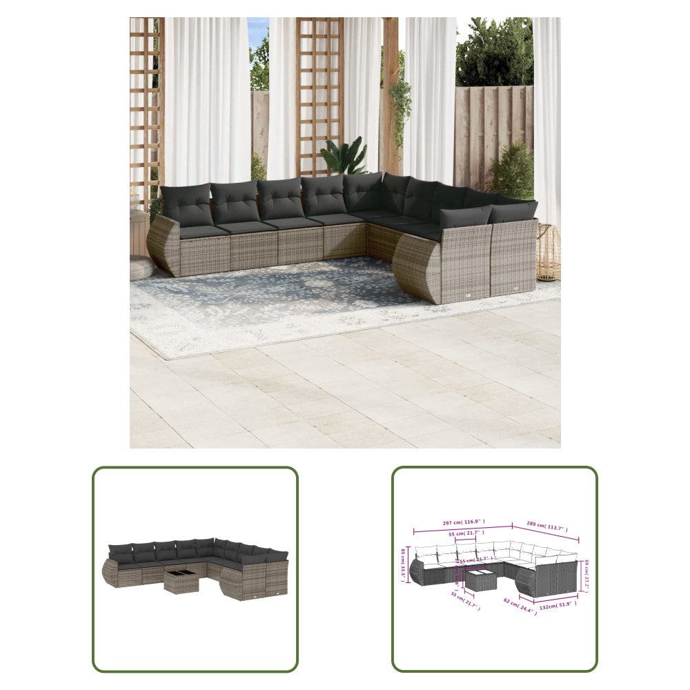 The Living Store 11-cz. zestaw mebli ogrodowych z poduszkami - szary rattan PE - Sofa Ogrodowa
