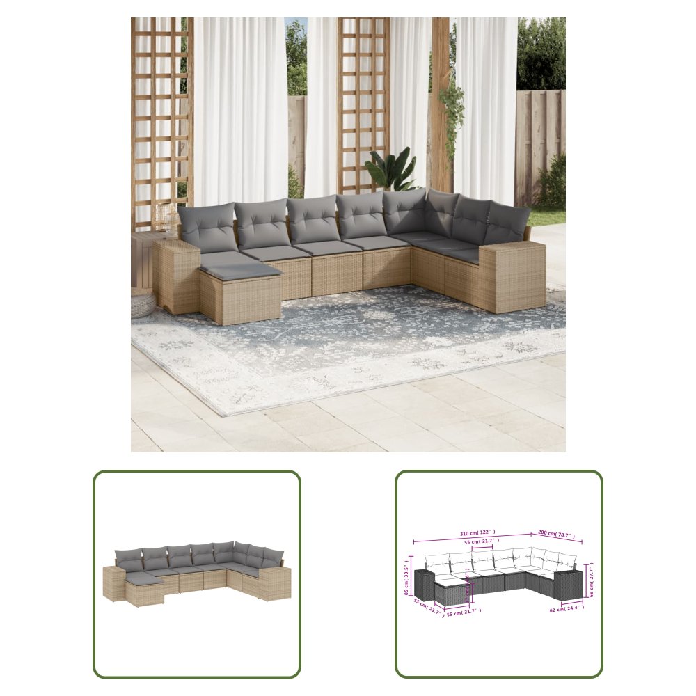 The Living Store 8-cz. zestaw mebli ogrodowych z poduszkami - beżowy - polirattan - Sofa Ogrodowa