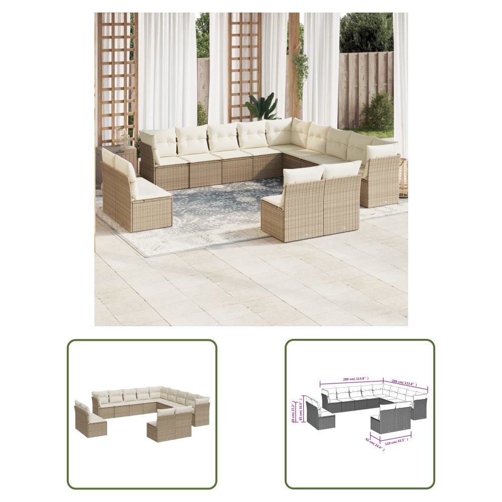The Living Store 12-cz. zestaw mebli ogrodowych z poduszkami - beżowy - polirattan - Sofa Ogrodowa