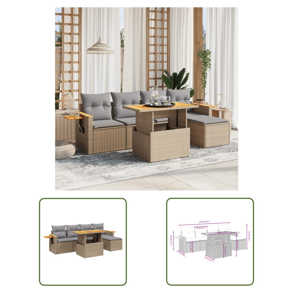 The Living Store 6-cz. zestaw mebli ogrodowych z poduszkami - beżowy - polirattan - Sofa Ogrodowa