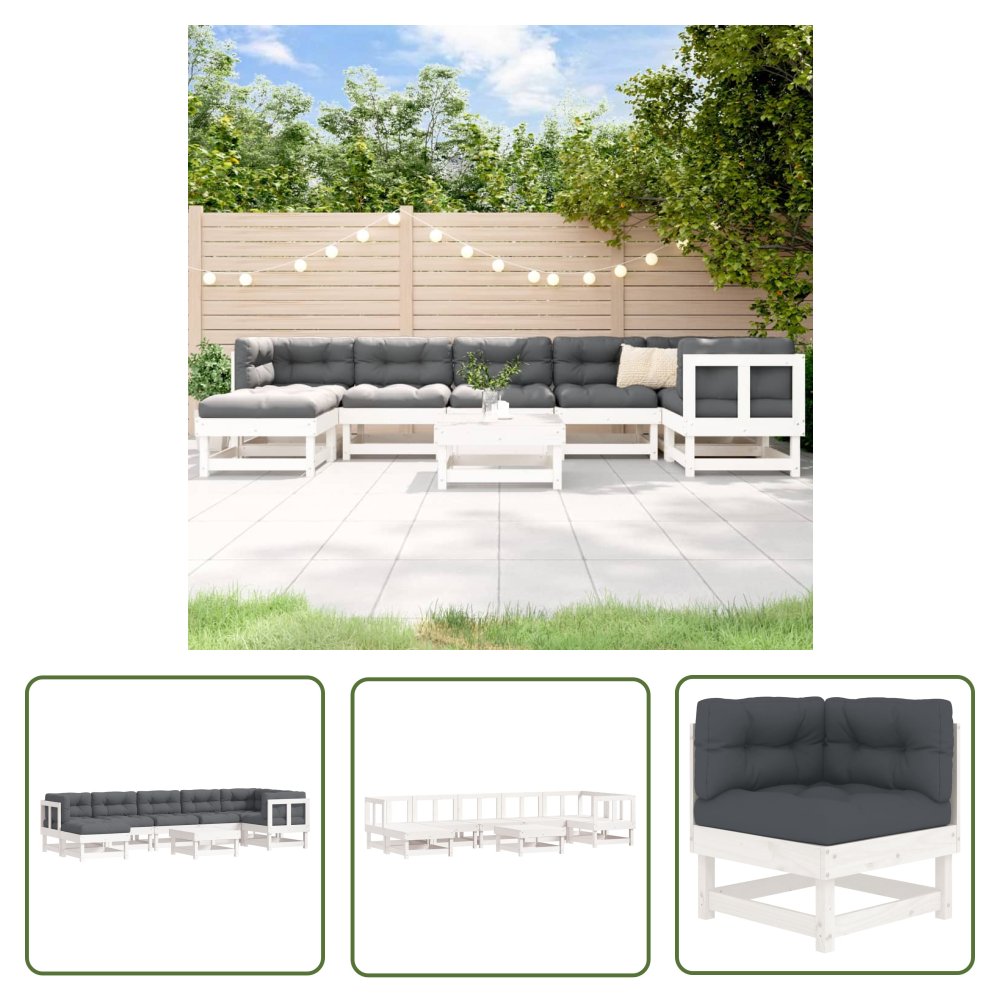 The Living Store 8-cz. zestaw wypoczynkowy do ogrodu - poduszki - biały - drewno - Meble Ogrodowe