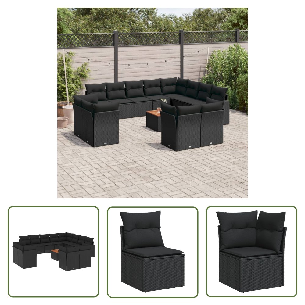 The Living Store 13-cz. zestaw mebli do ogrodu - poduszki - czarny - rattan PE - Sofa Ogrodowa