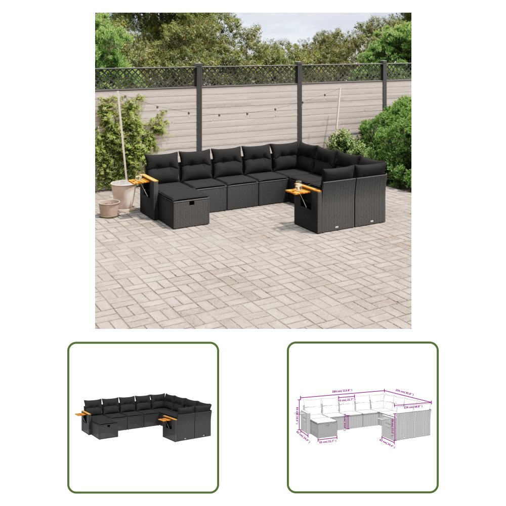 The Living Store 10-cz. zestaw wypoczynkowy do ogrodu - poduszki czarny rattan PE - Sofa Ogrodowa