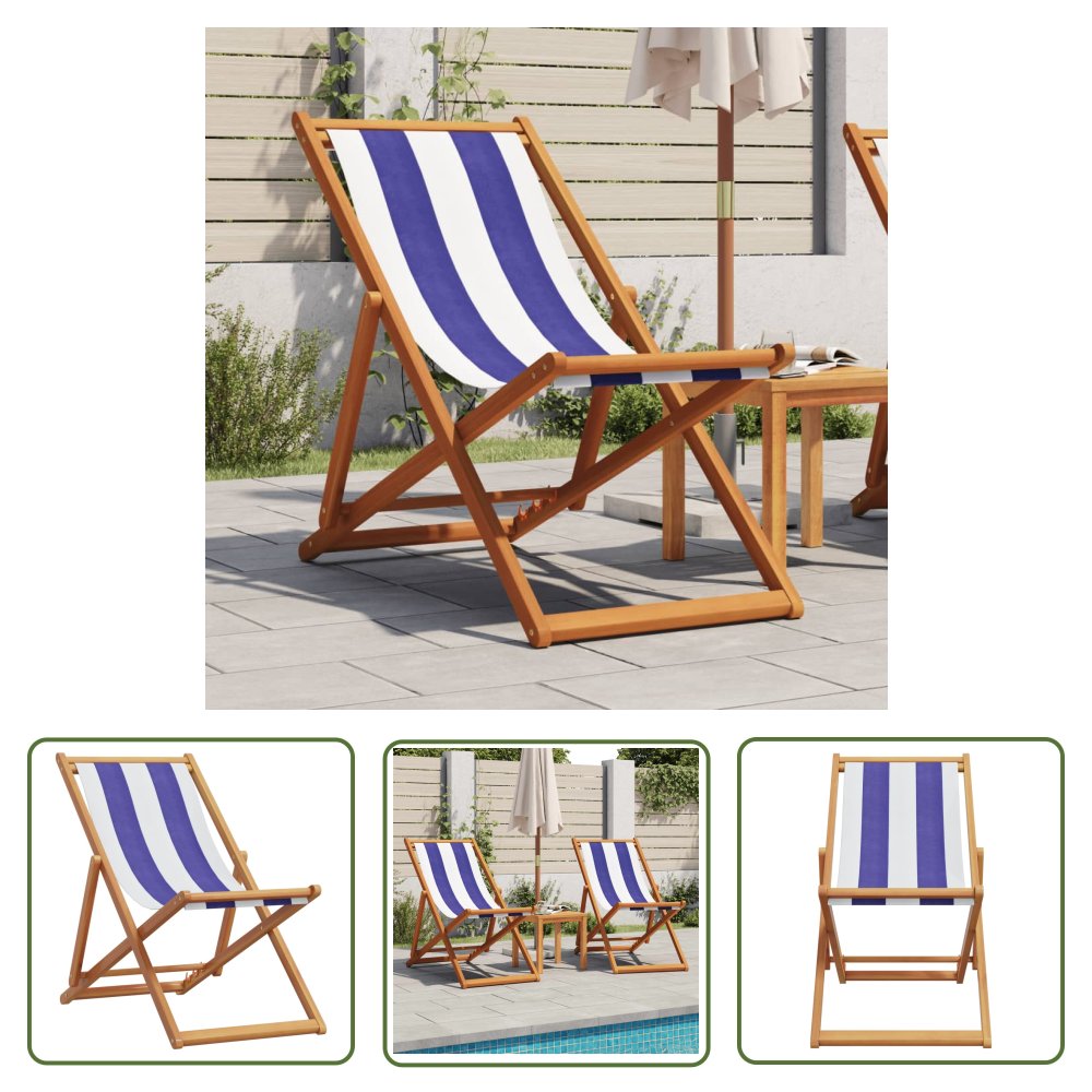 The Living Store Składane krzesło plażowe - niebiesko-białe - eukaliptus i tkanina - Krzesło Plażowe
