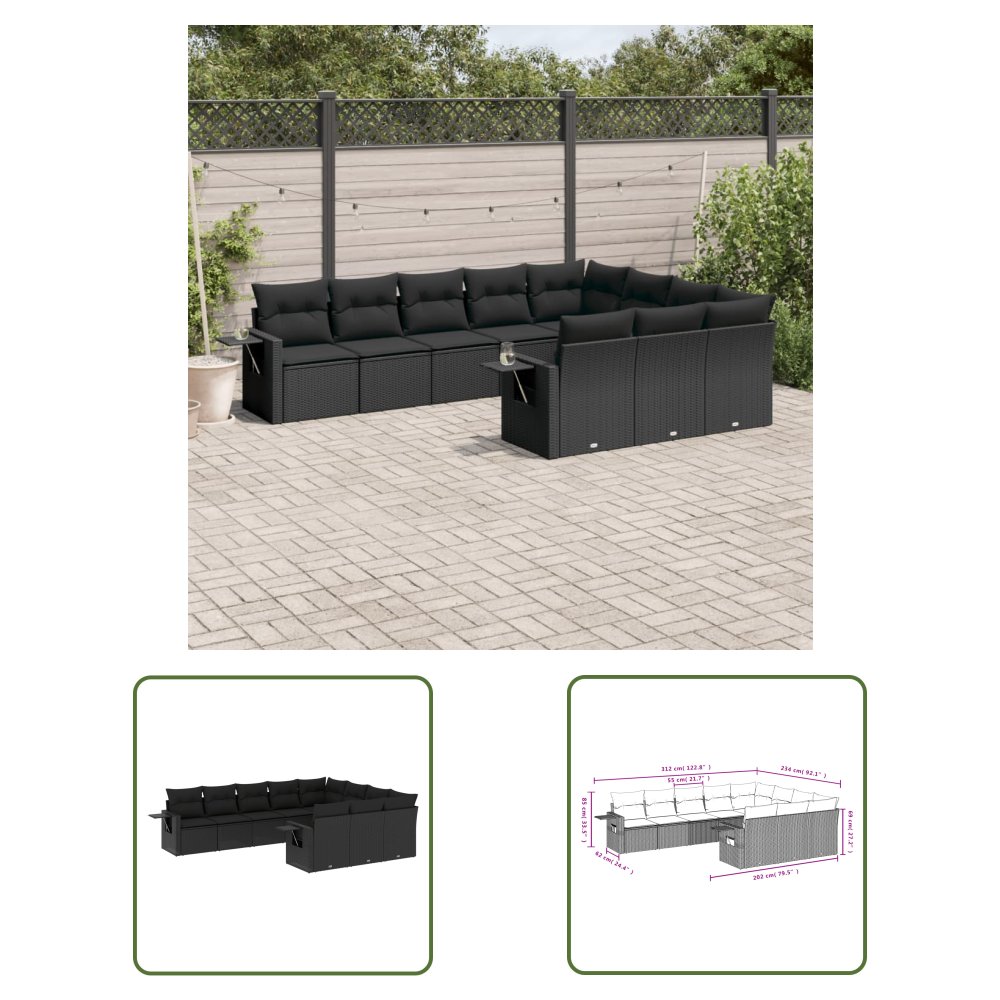 The Living Store 10-cz. zestaw wypoczynkowy do ogrodu - poduszki czarny rattan PE - Sofa Ogrodowa