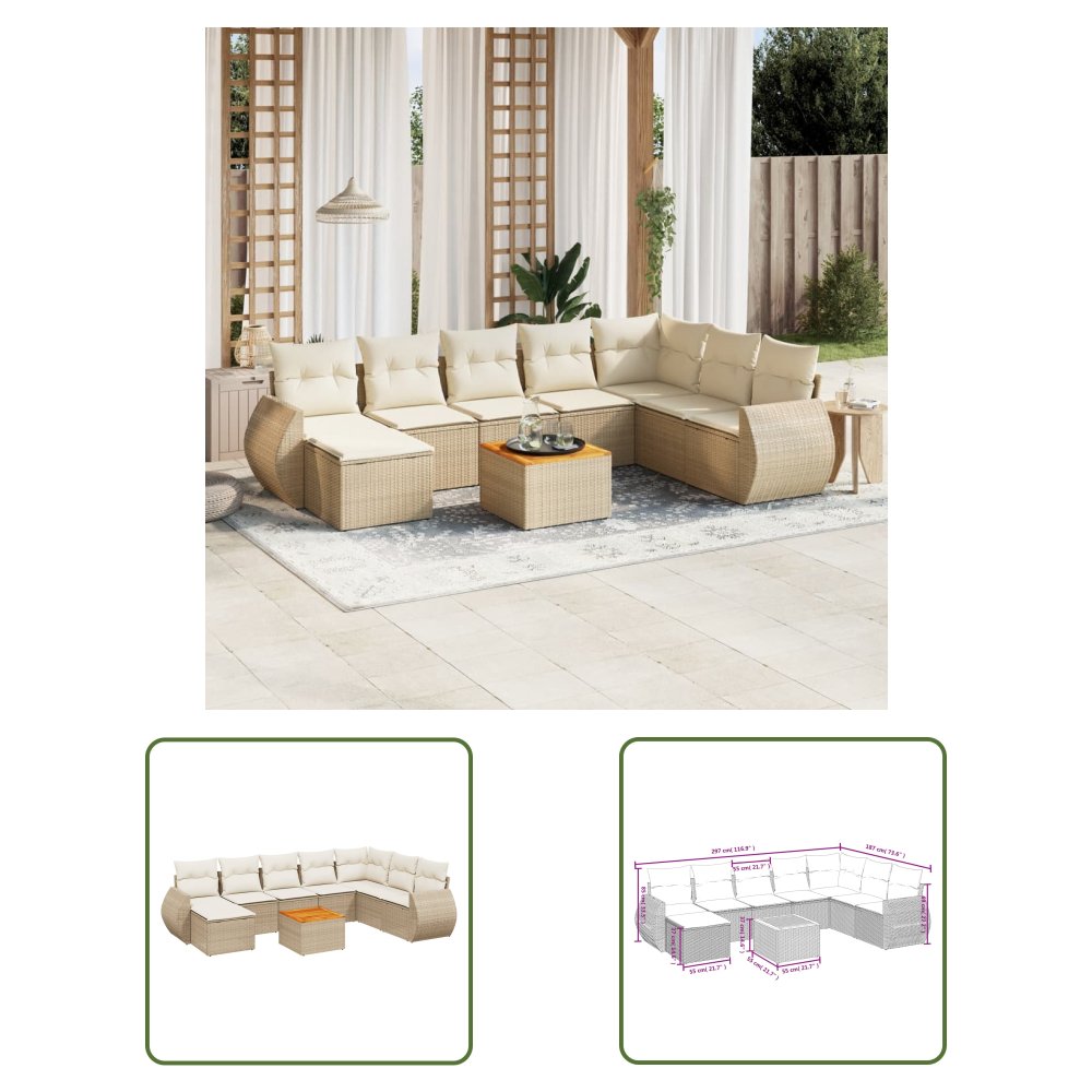 The Living Store 9-cz. zestaw mebli ogrodowych z poduszkami - beżowy - polirattan - Sofa Ogrodowa